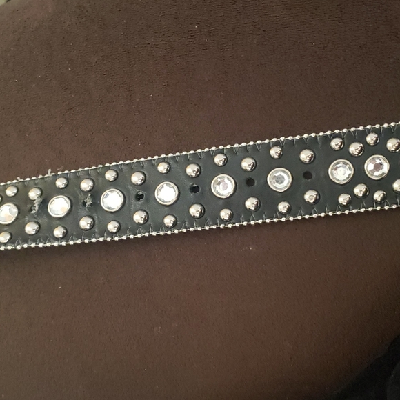 Black Leather Rhinestone Accented Belt - Picture 5 of 5